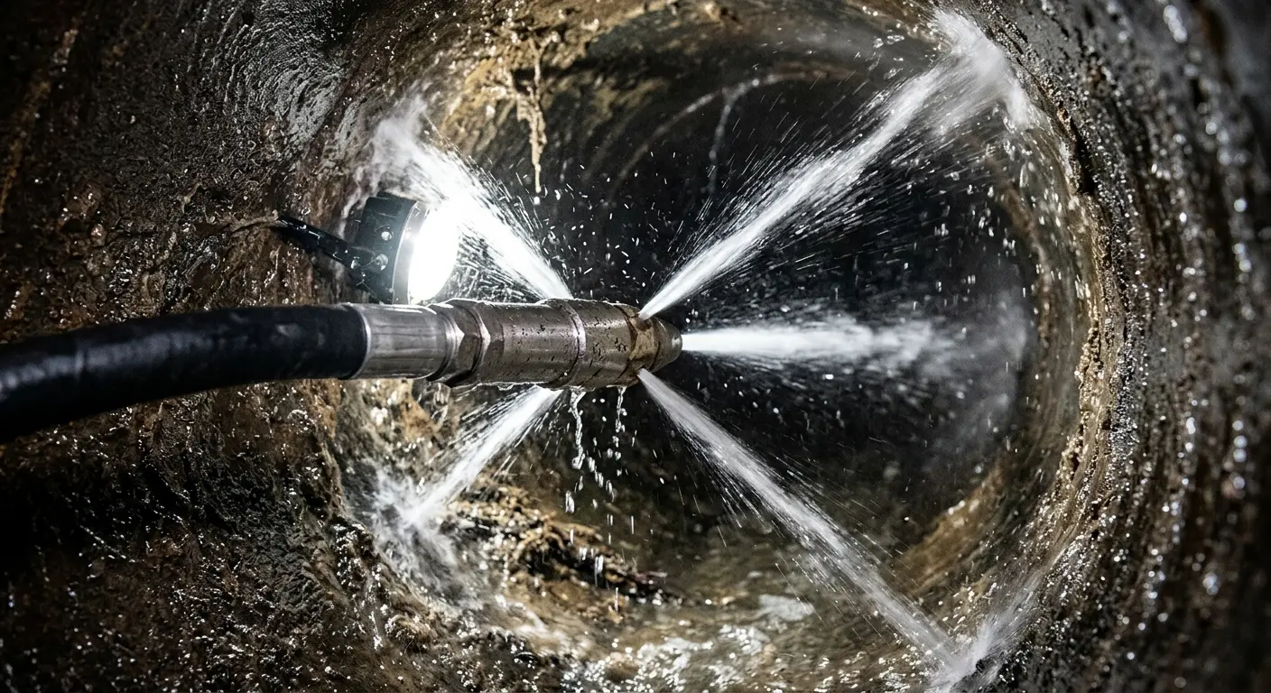 High-pressure hydro jetting nozzle cleaning sewer pipe for Emergency Drain Service in Ripley