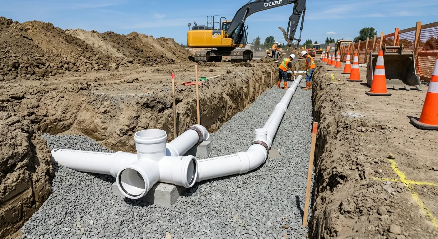 New PVC sewer pipe installation in open trench for Commercial Drain Cleaning in Ripley