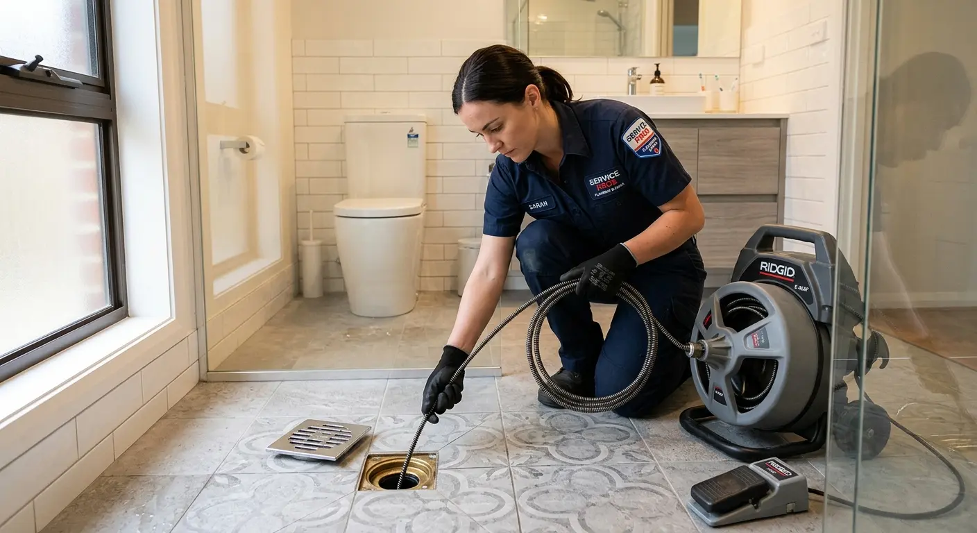 Technician clearing a bathroom floor drain for Clogged Drain Repair in Ripley